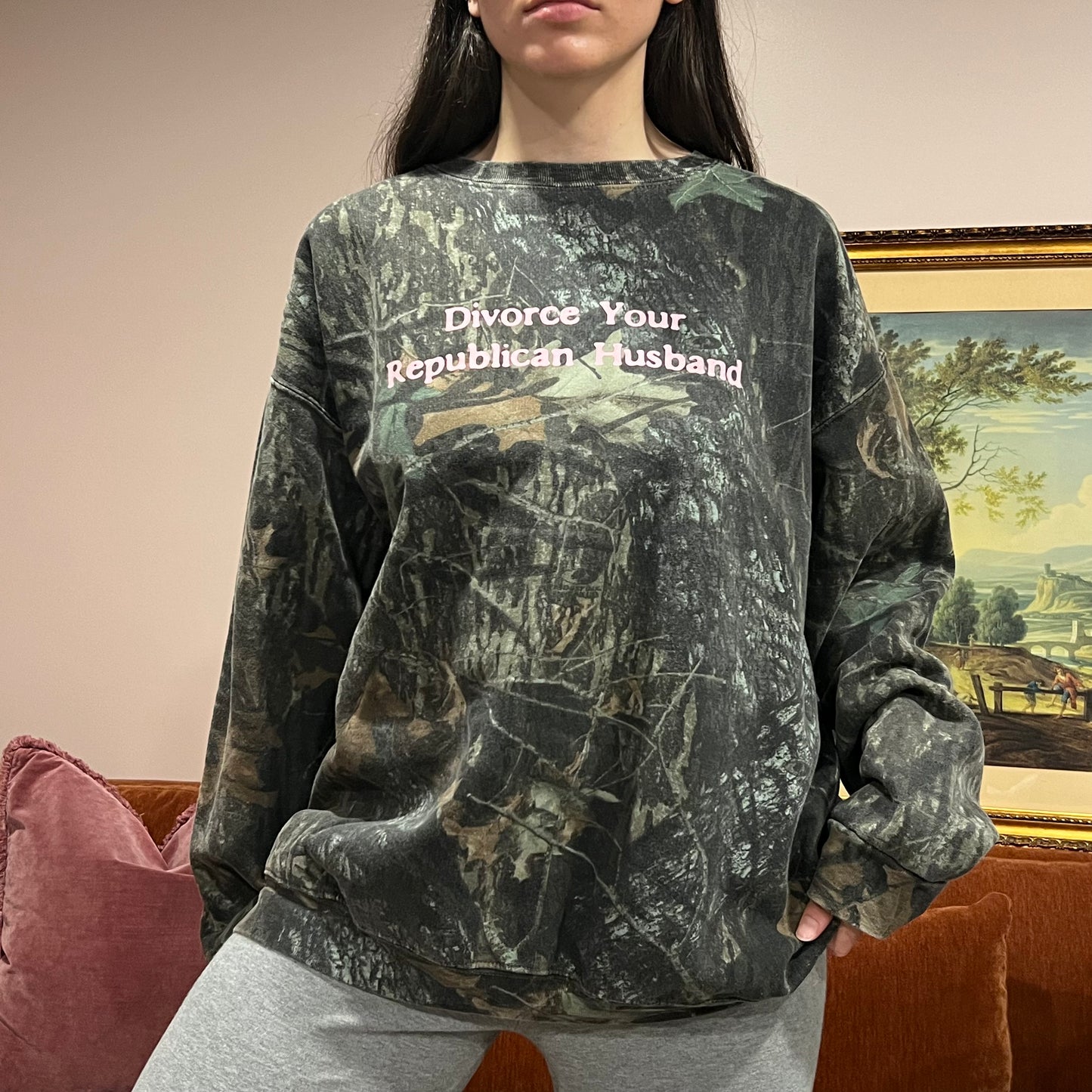 DIVORCE YOUR REPUBLICAN HUSBAND camo crewneck with pink text (2XL)