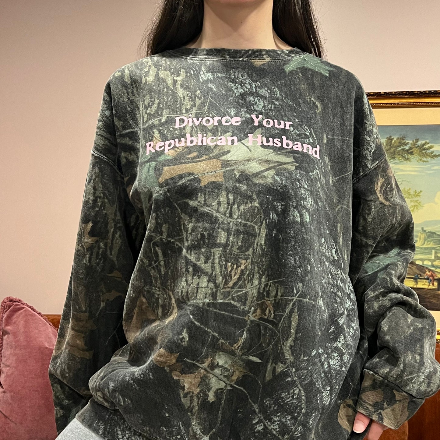 DIVORCE YOUR REPUBLICAN HUSBAND camo crewneck with pink text (2XL)