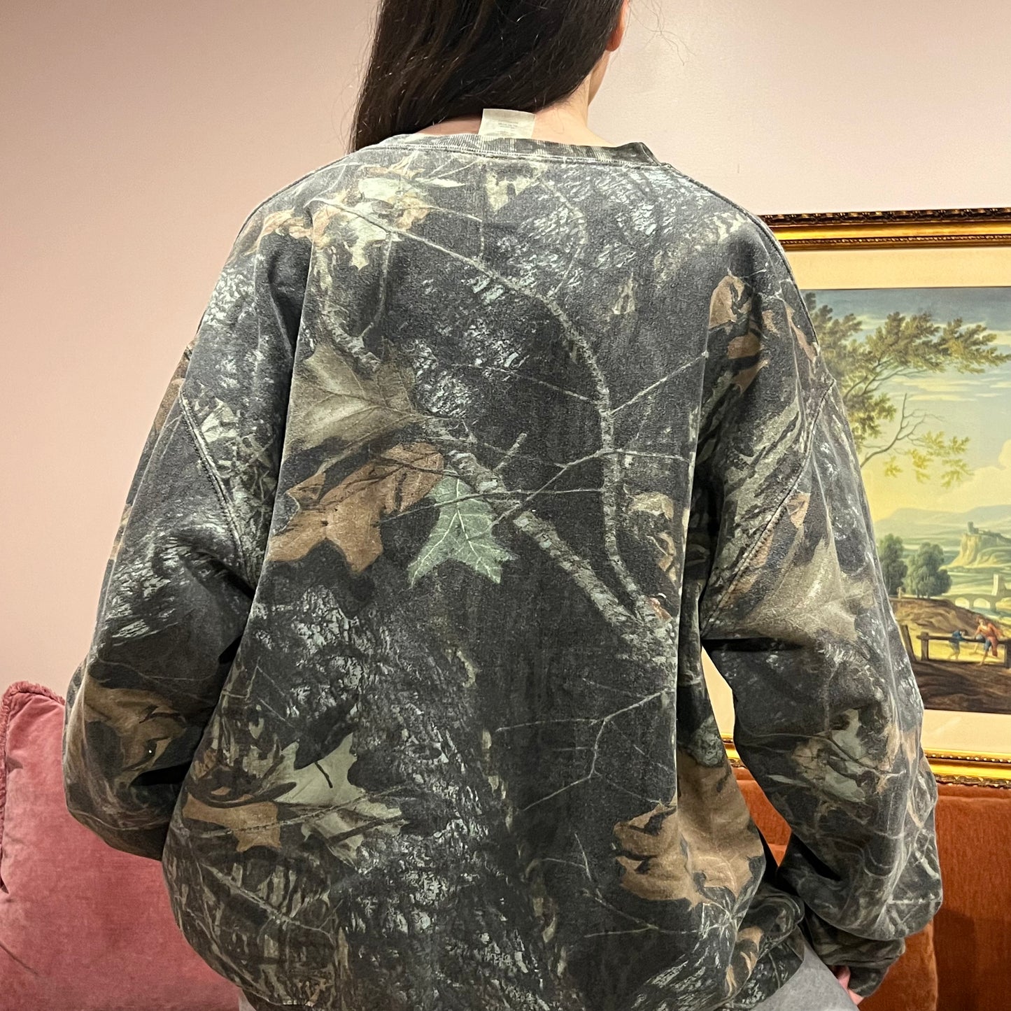 DIVORCE YOUR REPUBLICAN HUSBAND camo crewneck with pink text (2XL)