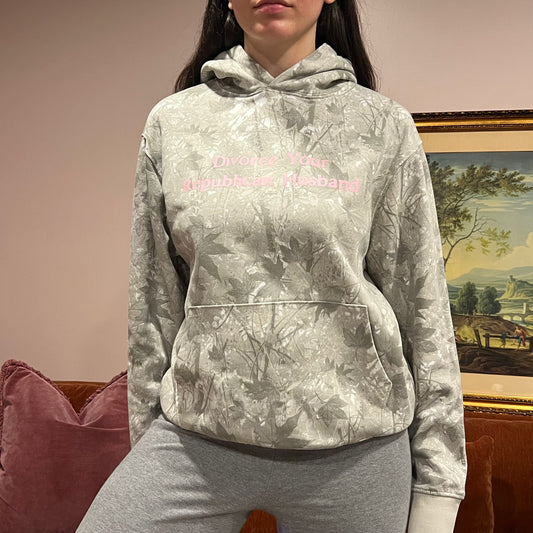 DIVORCE YOUR REPUBLICAN HUSBAND white camo hoodie with pink text (M)