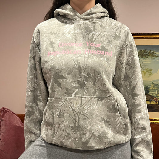 DIVORCE YOUR REPUBLICAN HUSBAND white camo hoodie with pink text (M)
