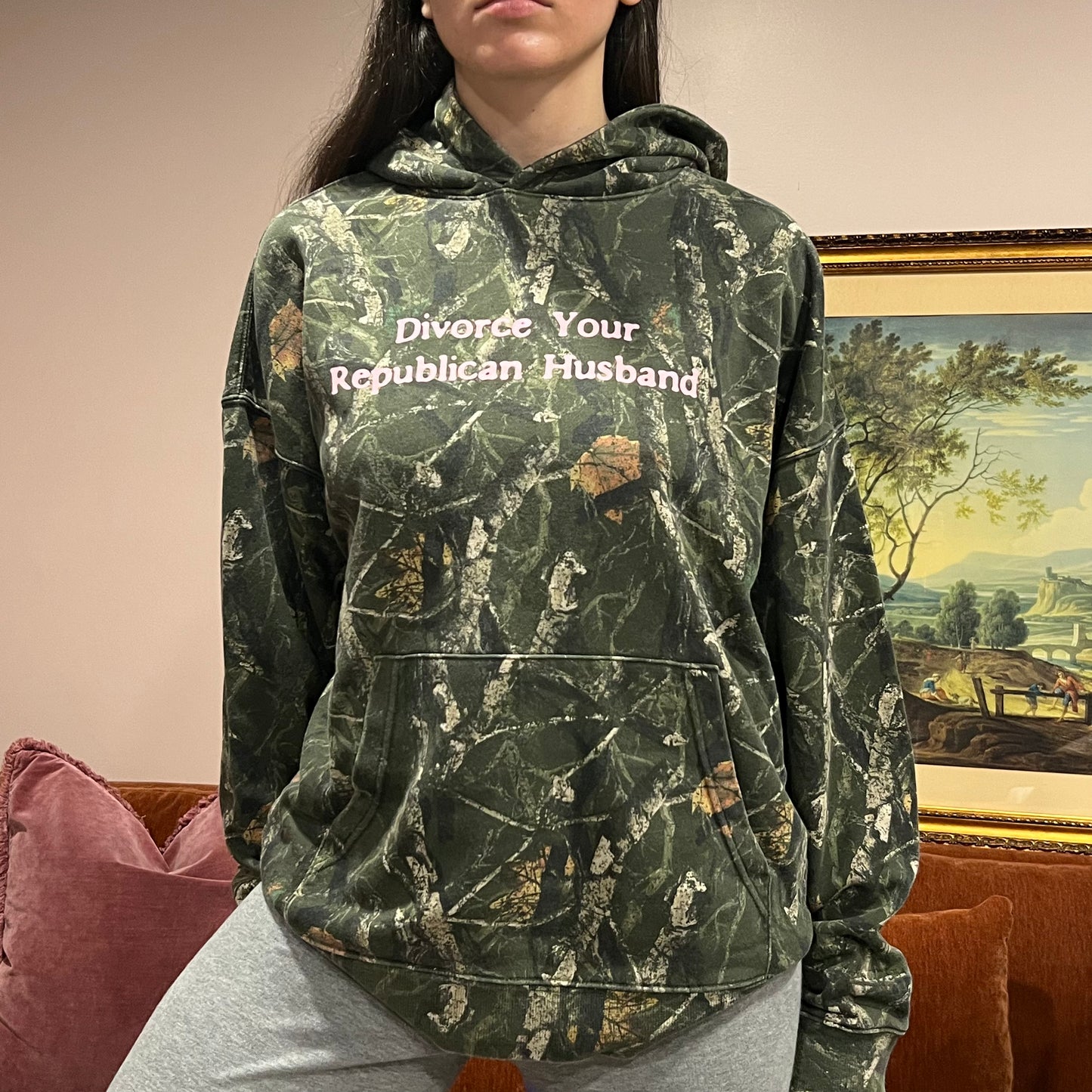 DIVORCE YOUR REPUBLICAN HUSBAND camo hoodie with pink text (L)