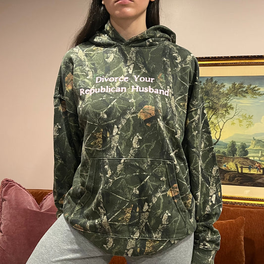 DIVORCE YOUR REPUBLICAN HUSBAND camo hoodie with pink text (L)