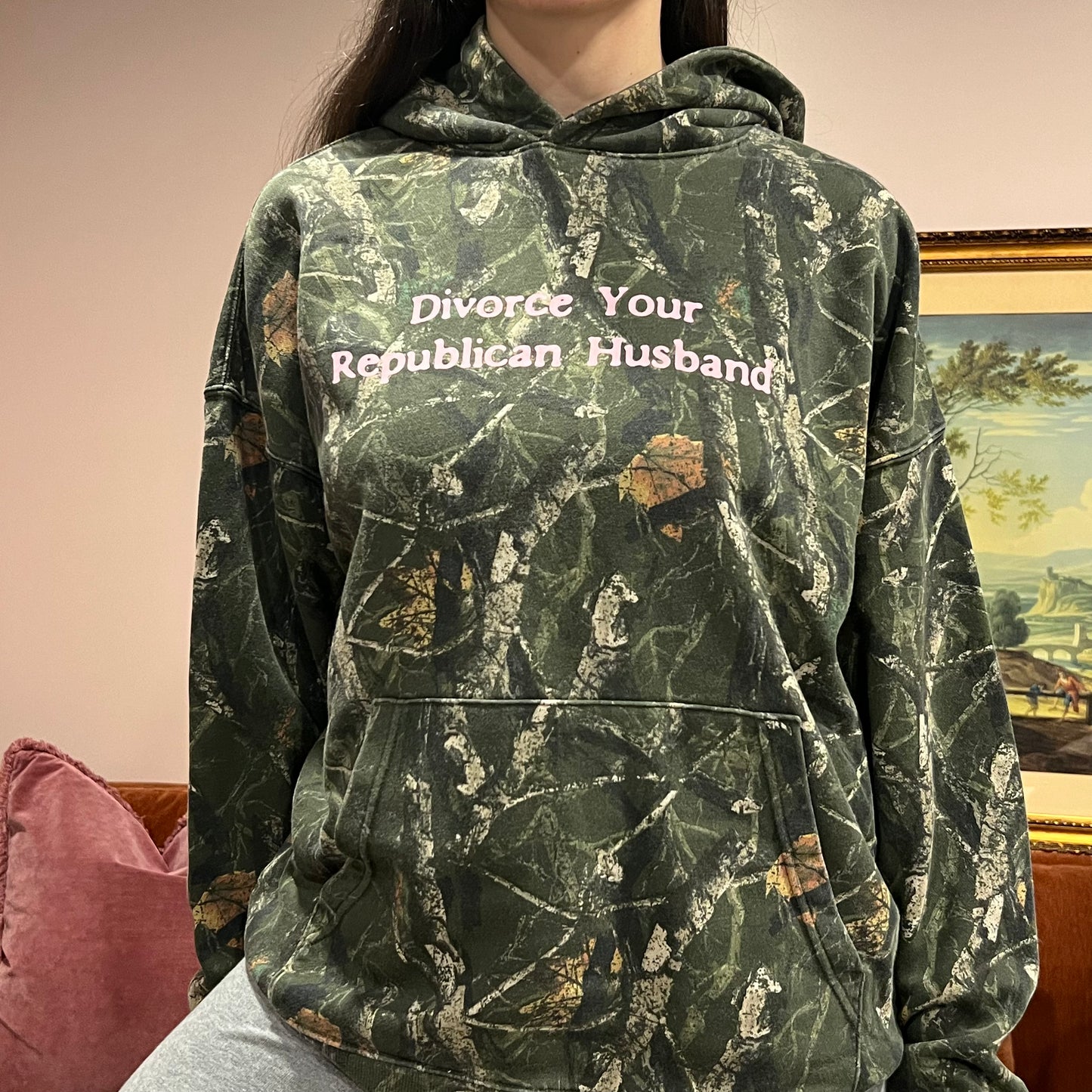 DIVORCE YOUR REPUBLICAN HUSBAND camo hoodie with pink text (L)