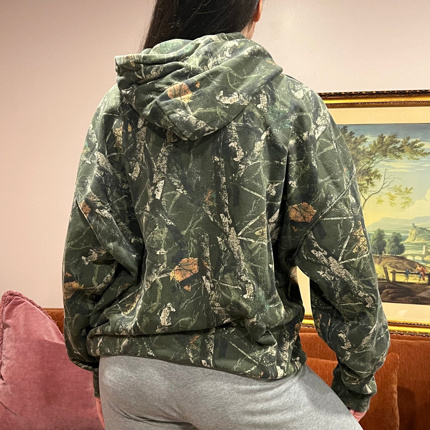 DIVORCE YOUR REPUBLICAN HUSBAND camo hoodie with pink text (L)