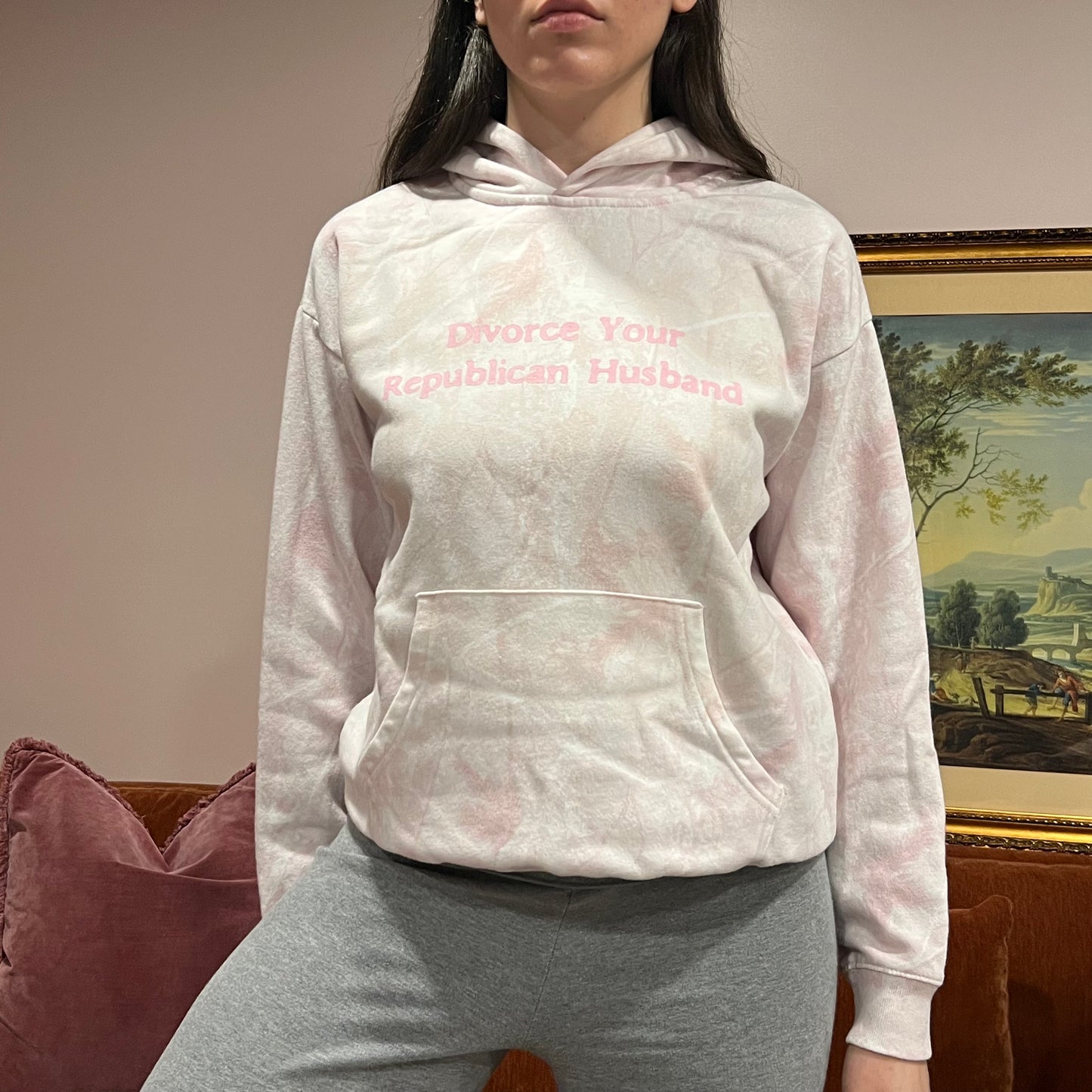 DIVORCE YOUR REPUBLICAN HUSBAND pink camo with pink text (XS)