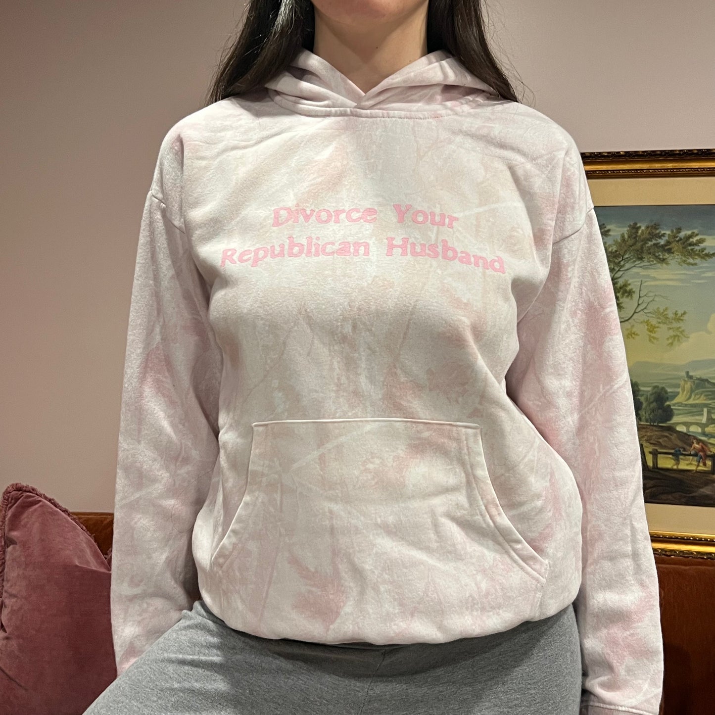 DIVORCE YOUR REPUBLICAN HUSBAND pink camo with pink text (XS)