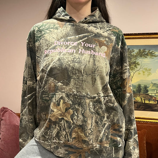 DIVORCE YOUR REPUBLICAN HUSBAND camo hoodie with pink text (M)