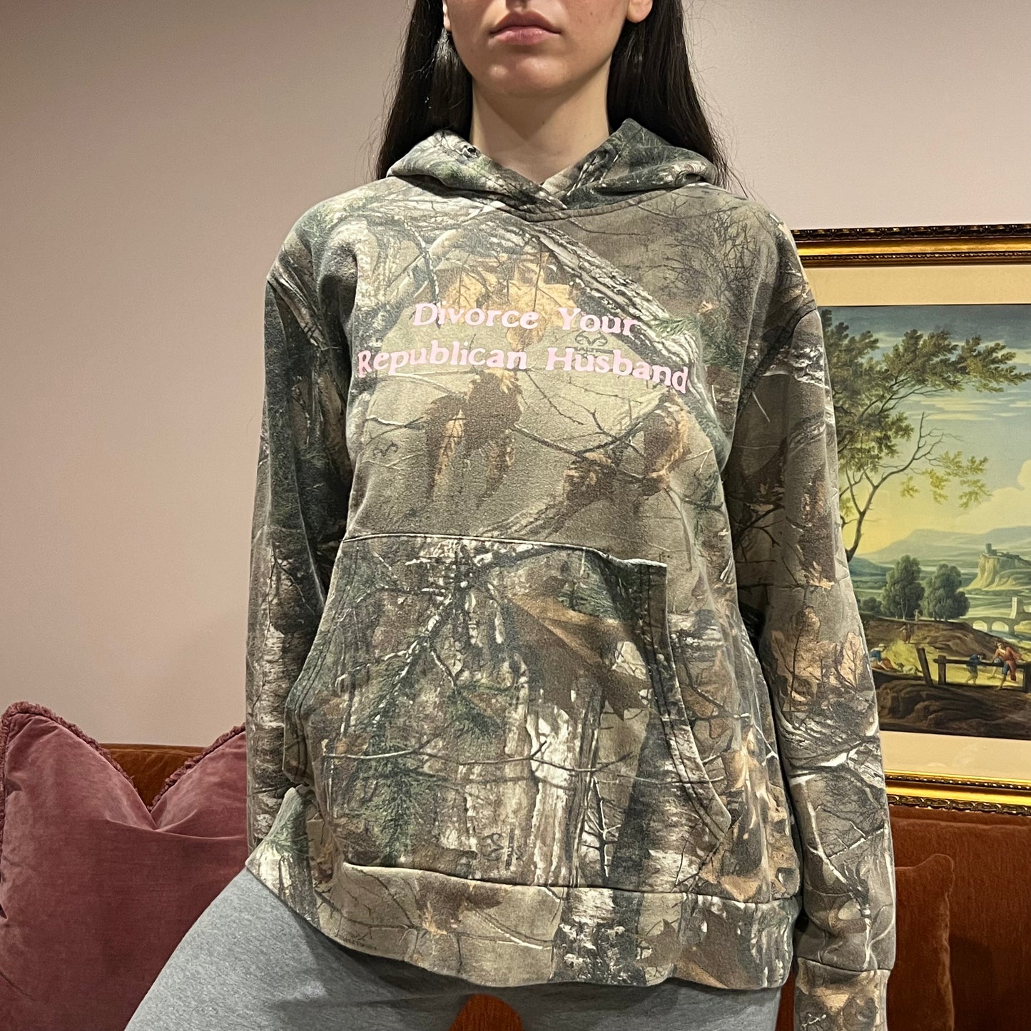 DIVORCE YOUR REPUBLICAN HUSBAND camo hoodie with pink text (XL)