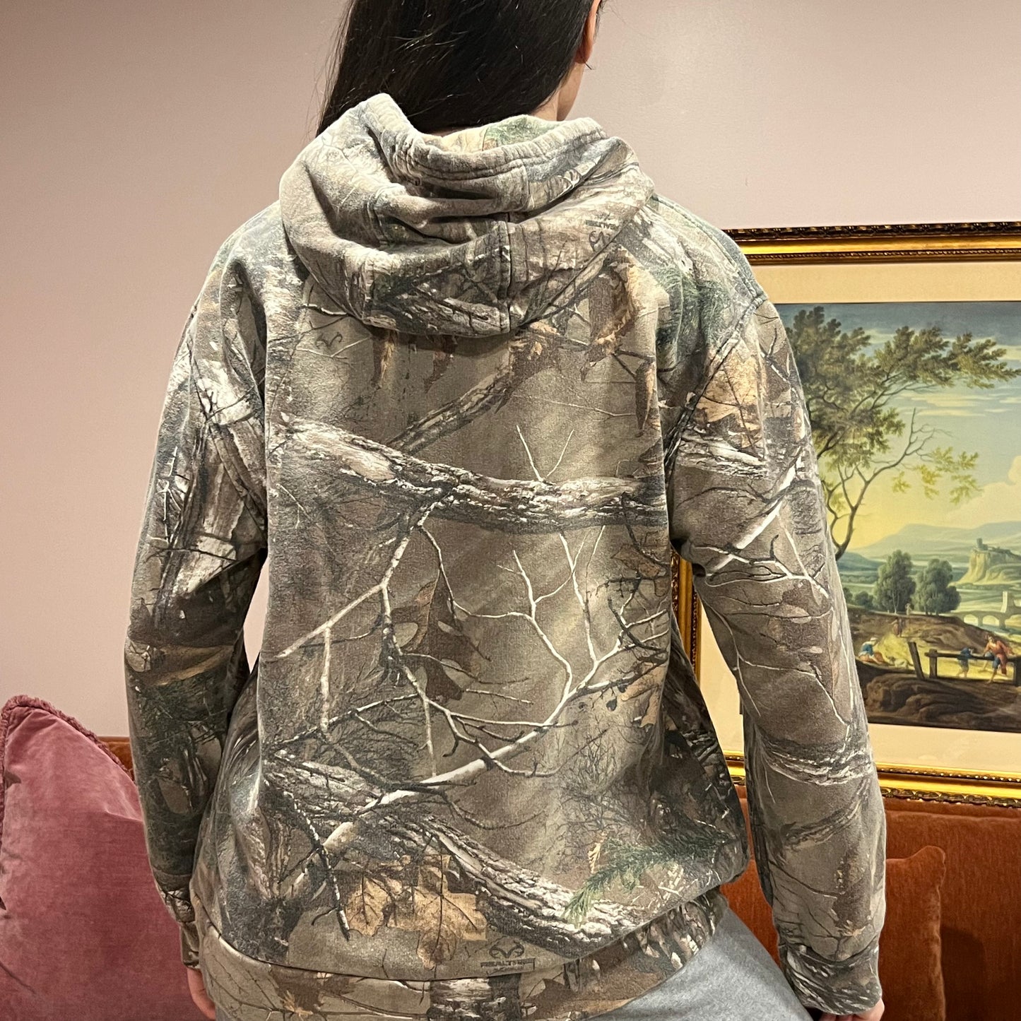 DIVORCE YOUR REPUBLICAN HUSBAND camo hoodie with pink text (XL)