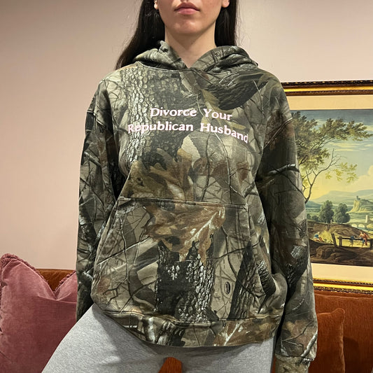DIVORCE YOUR REPUBLICAN HUSBAND camo hoodie with pink text (L)