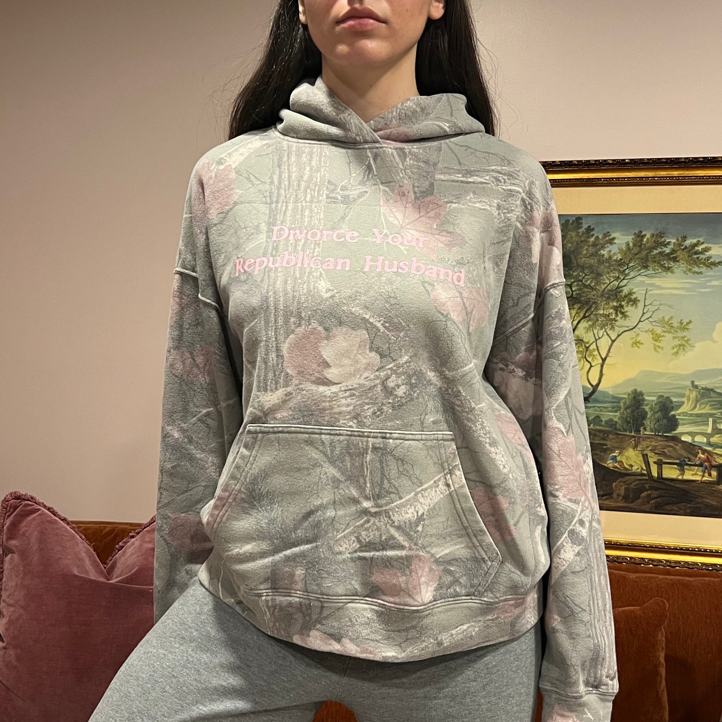 DIVORCE YOUR REPUBLICAN HUSBAND camo hoodie with pink text (S)