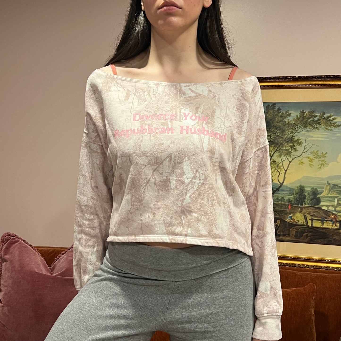 DIVORCE YOUR REPUBLICAN HUSBAND pink camo crewneck with pink text (S)