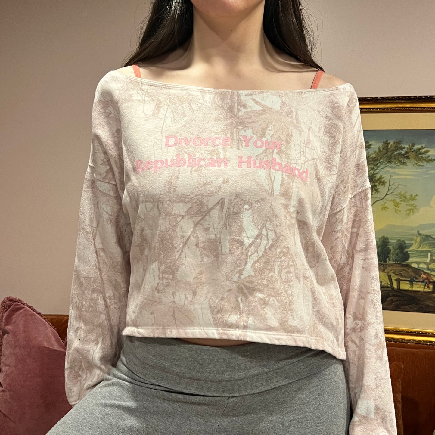 DIVORCE YOUR REPUBLICAN HUSBAND pink camo crewneck with pink text (S)