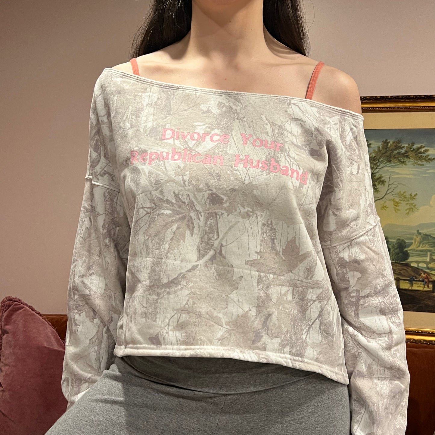 DIVORCE YOUR REPUBLICAN HUSBAND white camo crewneck with pink text (S)