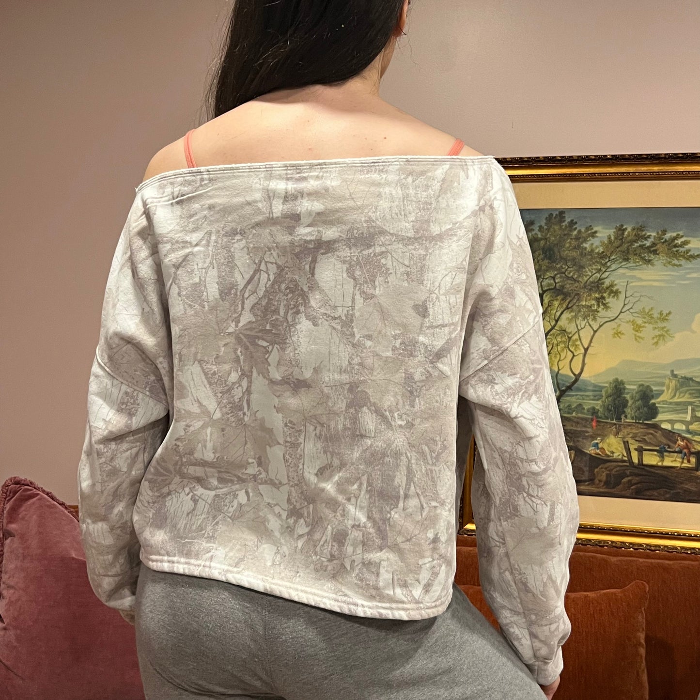 DIVORCE YOUR REPUBLICAN HUSBAND white camo crewneck with pink text (S)