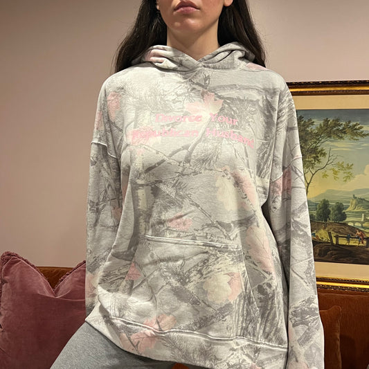DIVORCE YOUR REPUBLICAN HUSBAND white camo hoodie with pink text (L)