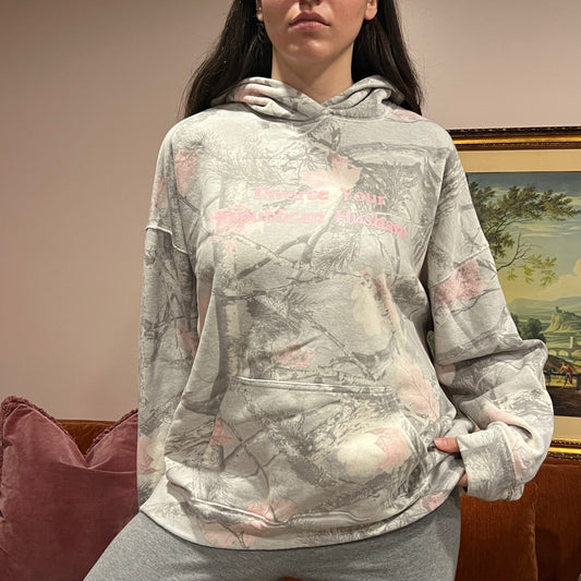 DIVORCE YOUR REPUBLICAN HUSBAND white camo hoodie with pink text (L)