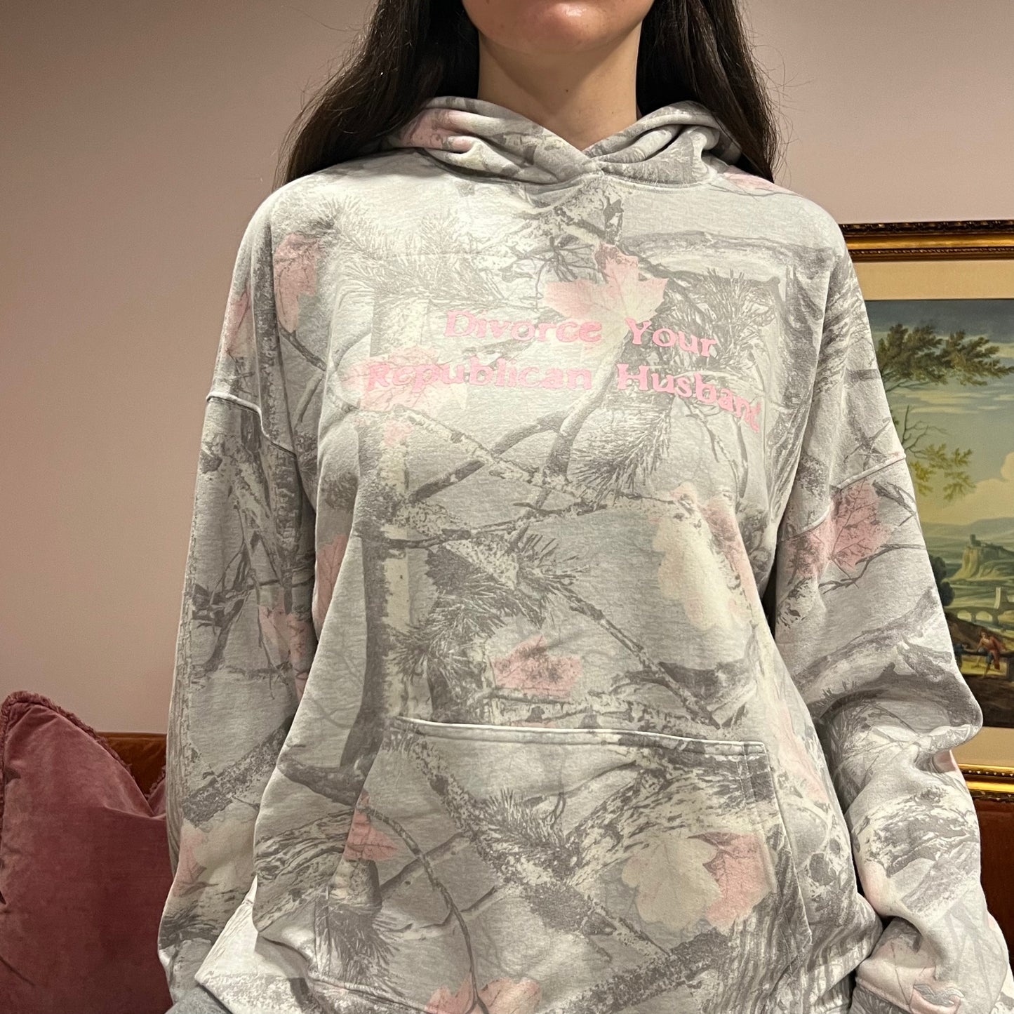 DIVORCE YOUR REPUBLICAN HUSBAND white camo hoodie with pink text (L)