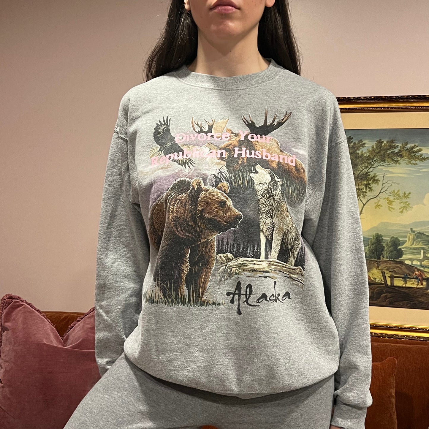 DIVORCE YOUR REPUBLICAN HUSBAND animal crewneck with pink text (L)