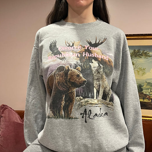 DIVORCE YOUR REPUBLICAN HUSBAND animal crewneck with pink text (L)