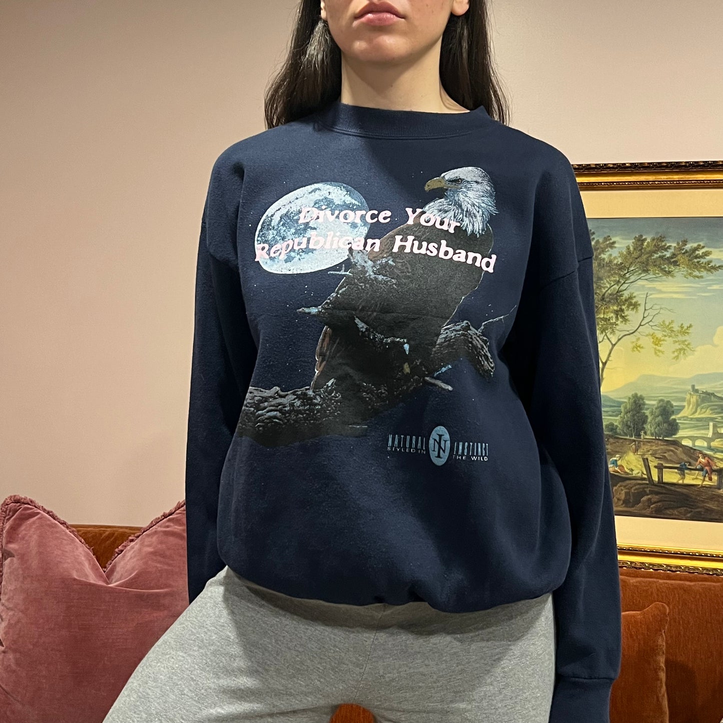 DIVORCE YOUR REPUBLICAN HUSBAND eagle crewneck with pink text (L)