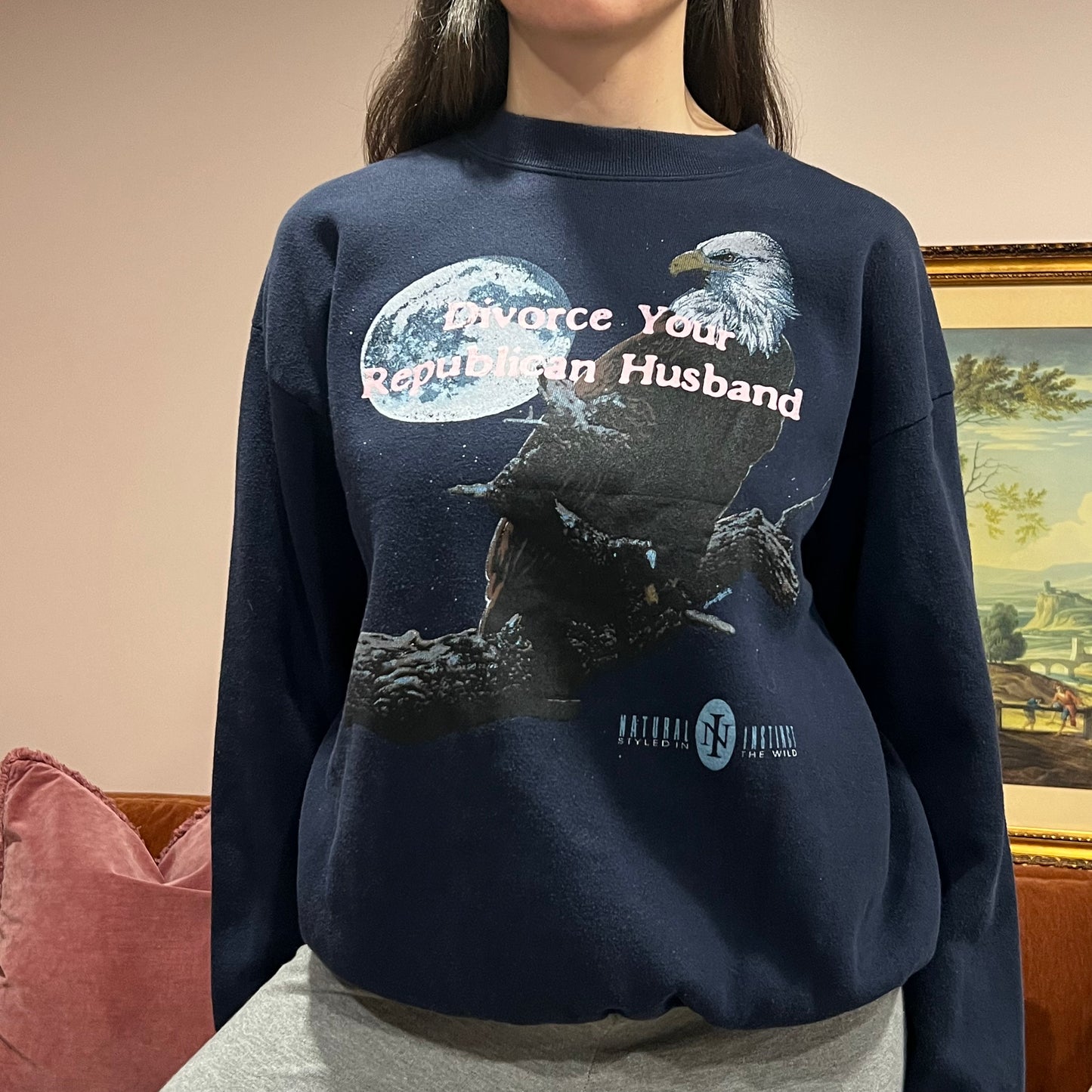 DIVORCE YOUR REPUBLICAN HUSBAND eagle crewneck with pink text (L)
