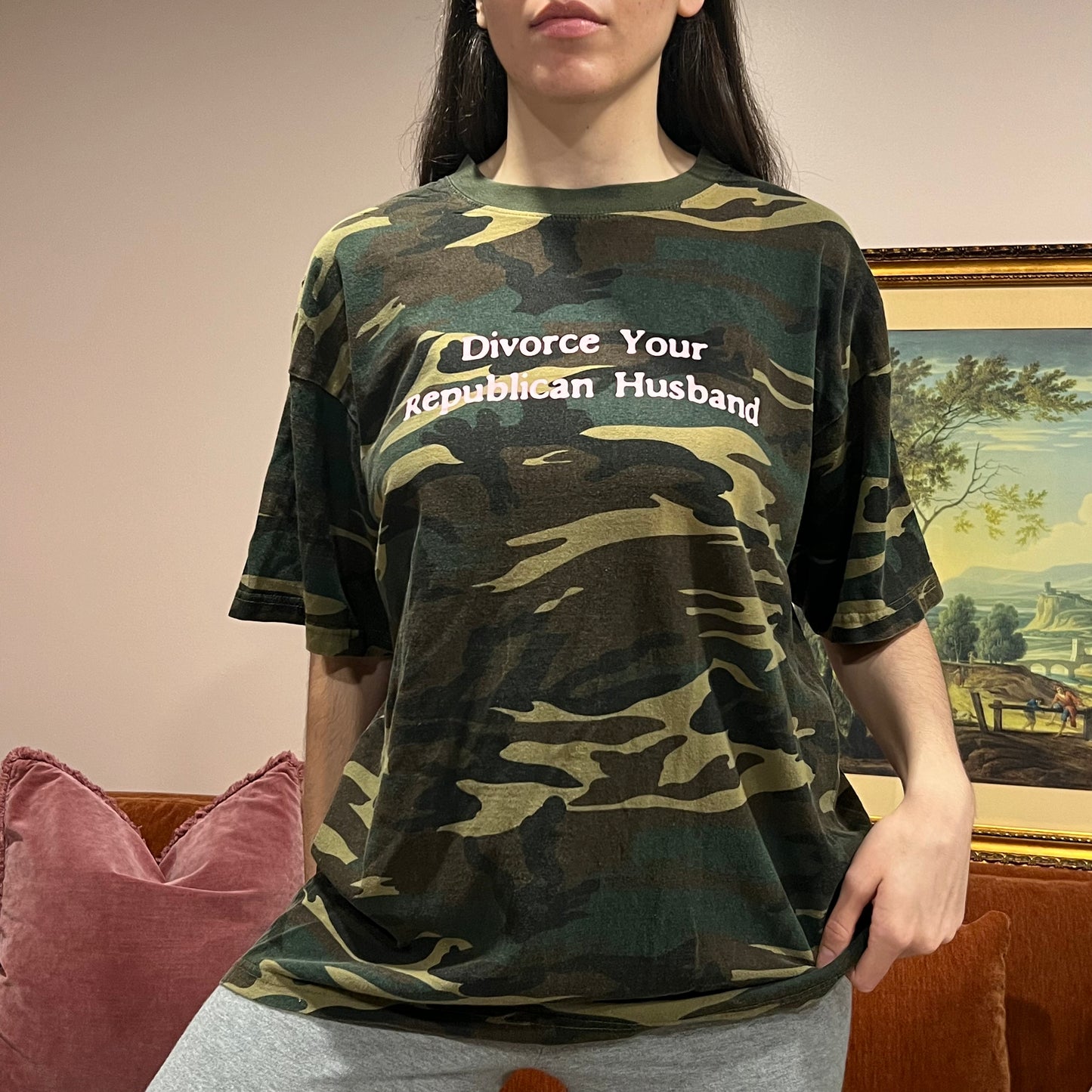 DIVORCE YOUR REPUBLICAN HUSBAND camo t-shirt with pink text (XL)