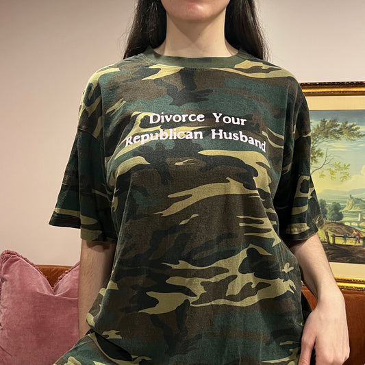 DIVORCE YOUR REPUBLICAN HUSBAND camo t-shirt with pink text (XL)