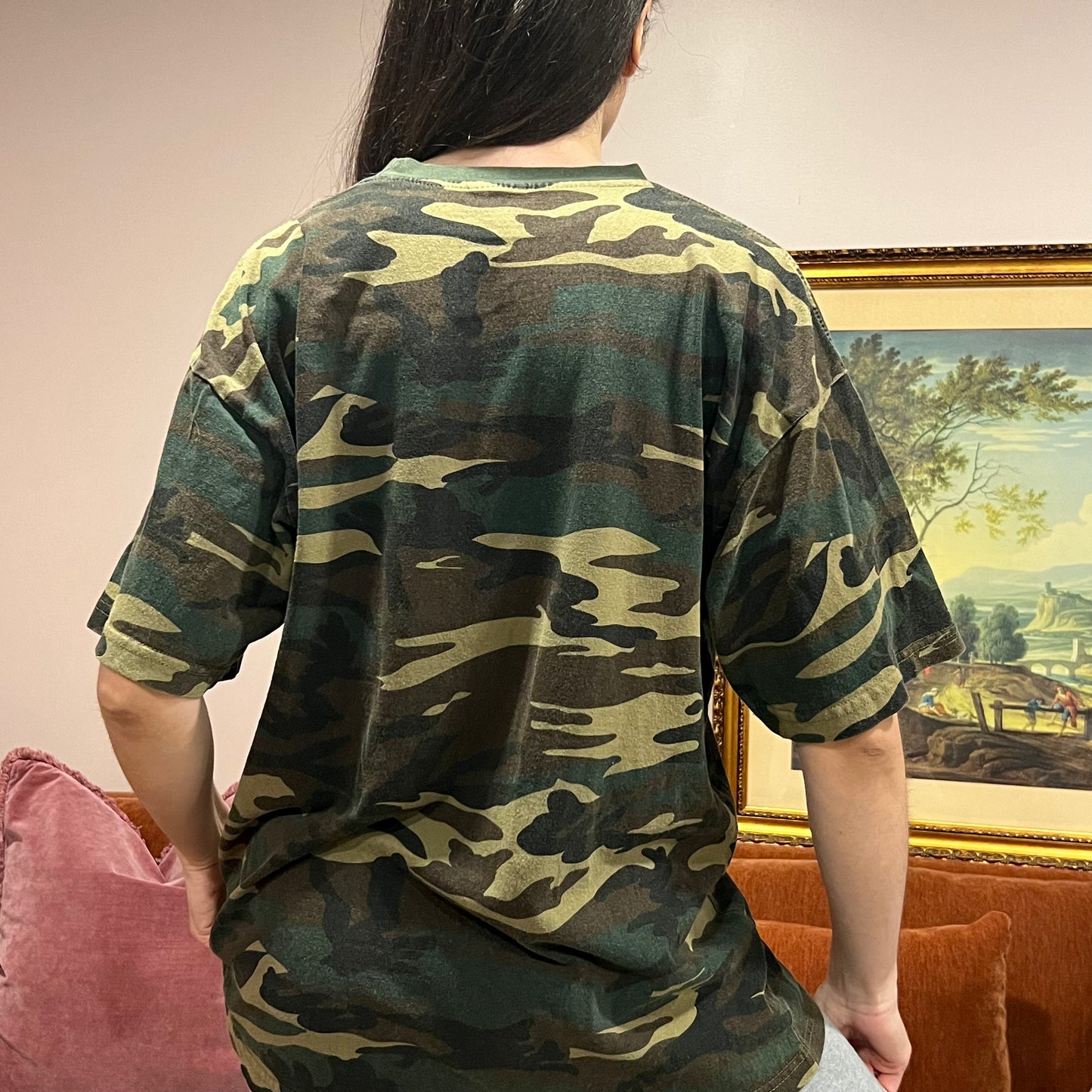 DIVORCE YOUR REPUBLICAN HUSBAND camo t-shirt with pink text (XL)