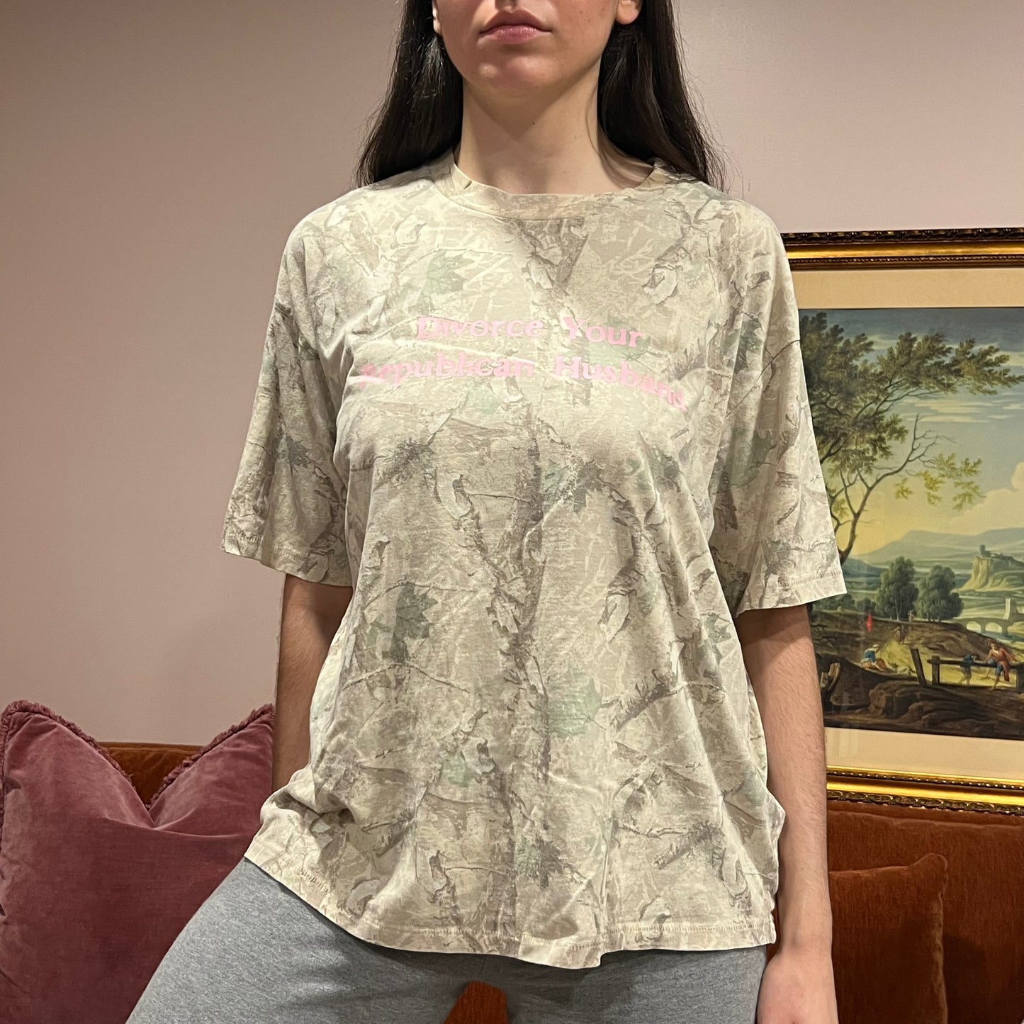 DIVORCE YOUR REPUBLICAN HUSBAND white camo t-shirt with pink text (M)