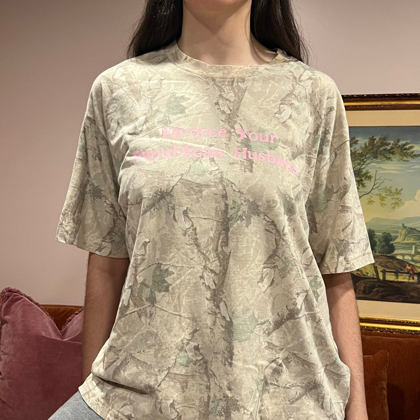 DIVORCE YOUR REPUBLICAN HUSBAND white camo t-shirt with pink text (M)
