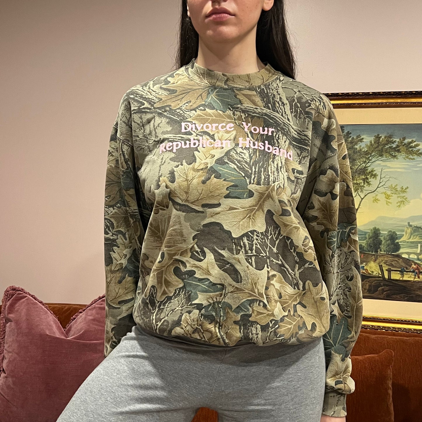 DIVORCE YOUR REPUBLICAN HUSBAND camo crewneck with pink text (M)