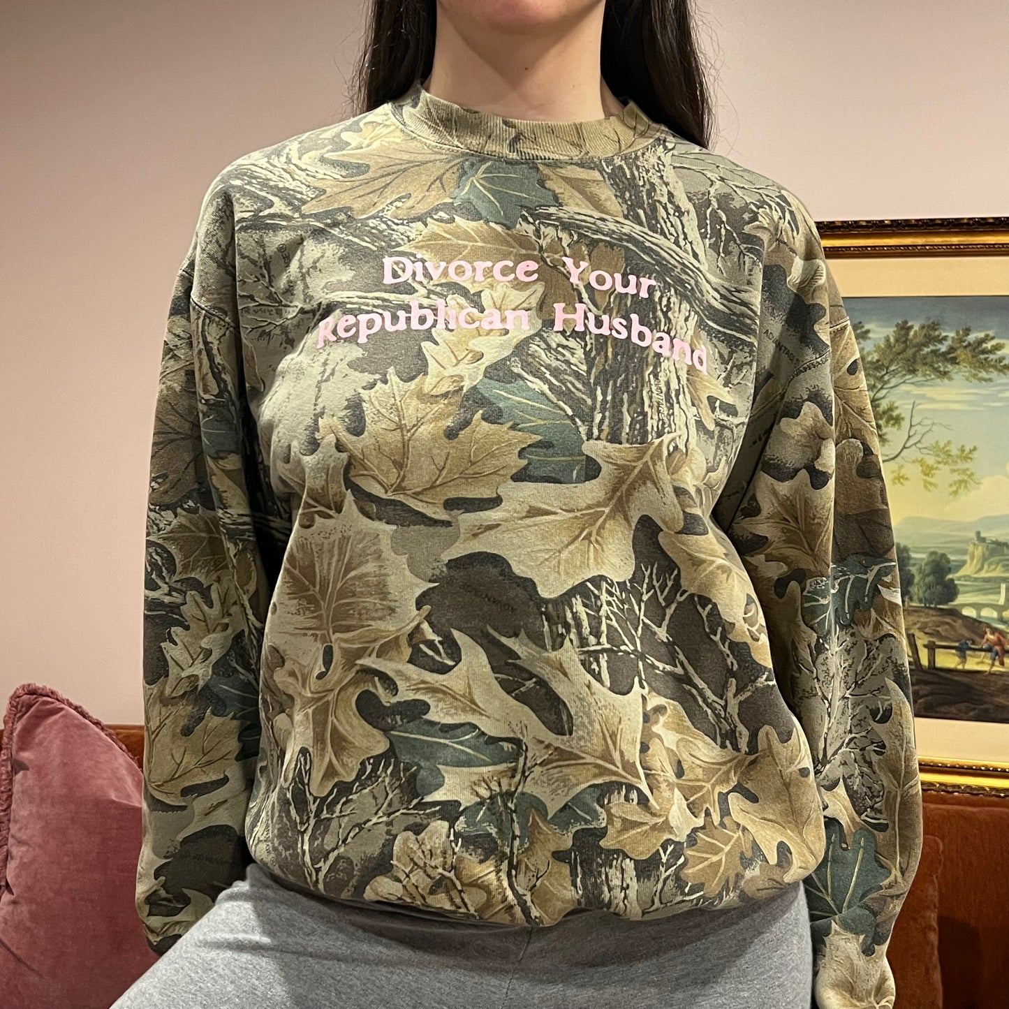DIVORCE YOUR REPUBLICAN HUSBAND camo crewneck with pink text (M)