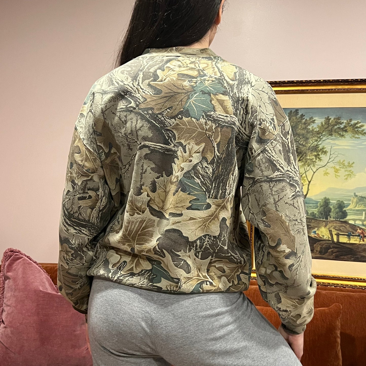 DIVORCE YOUR REPUBLICAN HUSBAND camo crewneck with pink text (M)