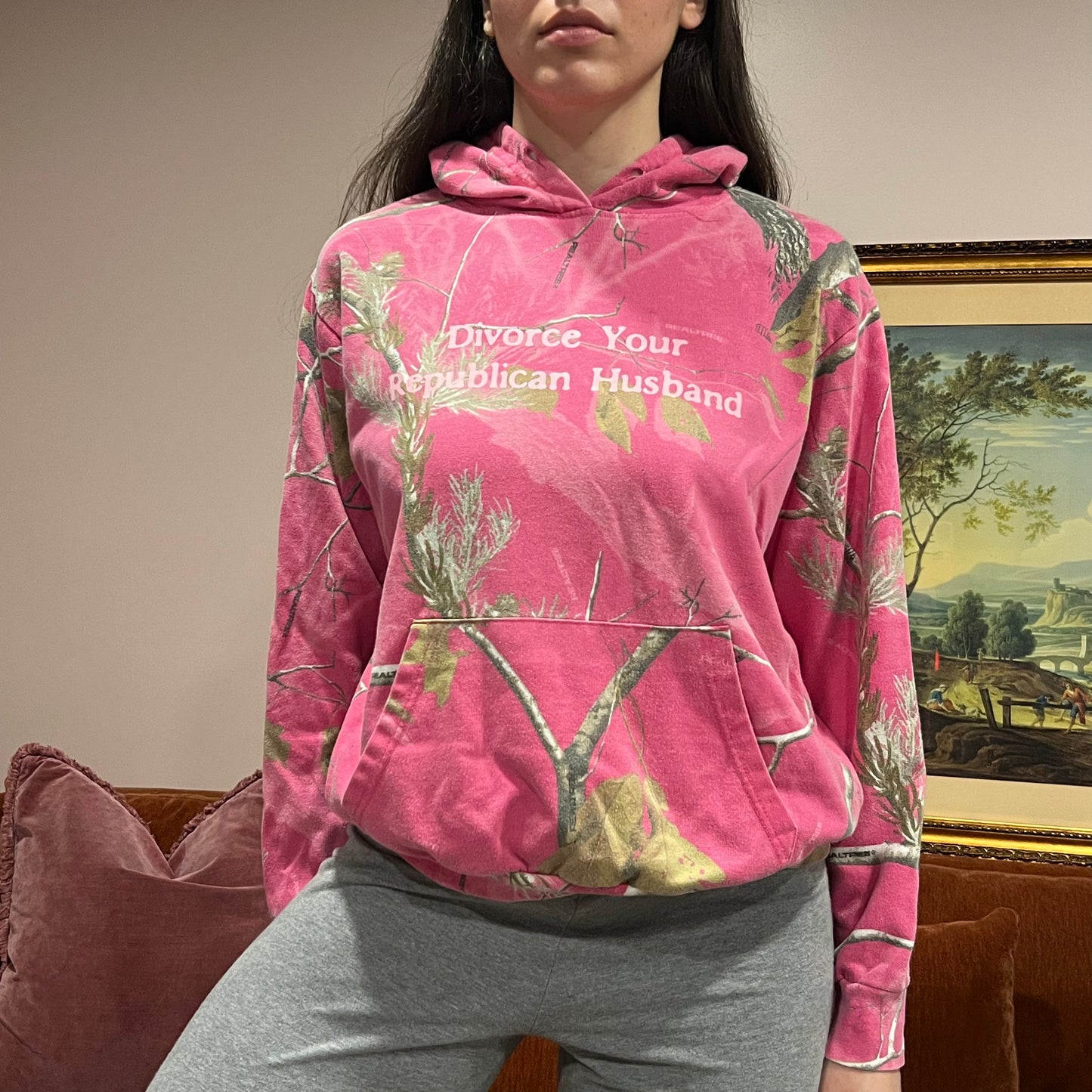 DIVORCE YOUR REPUBLICAN HUSBAND pink camo hoodie with pink text (XL)