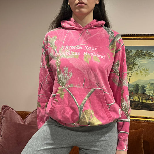 DIVORCE YOUR REPUBLICAN HUSBAND pink camo hoodie with pink text (XL)