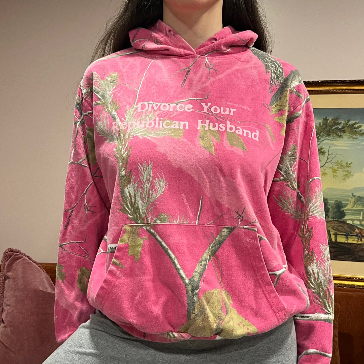 DIVORCE YOUR REPUBLICAN HUSBAND pink camo hoodie with pink text (XL)