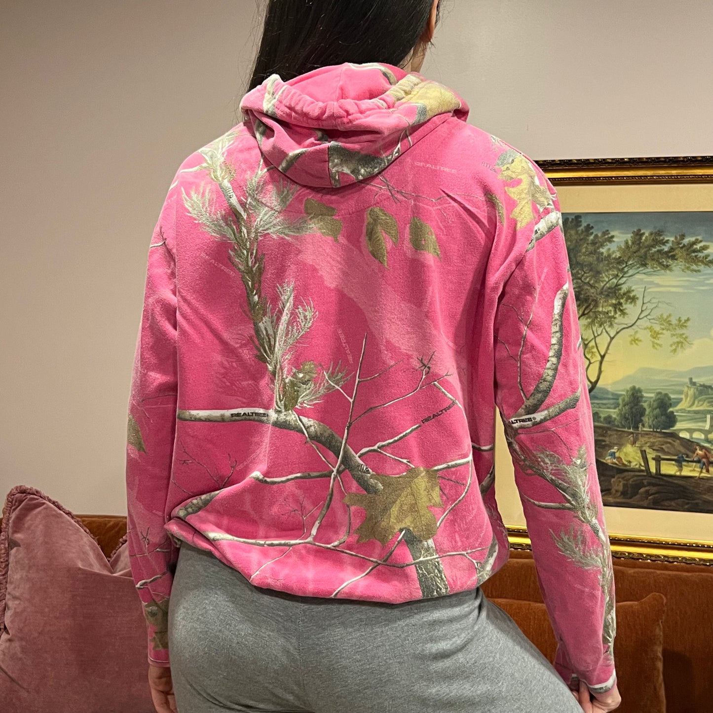 DIVORCE YOUR REPUBLICAN HUSBAND pink camo hoodie with pink text (XL)