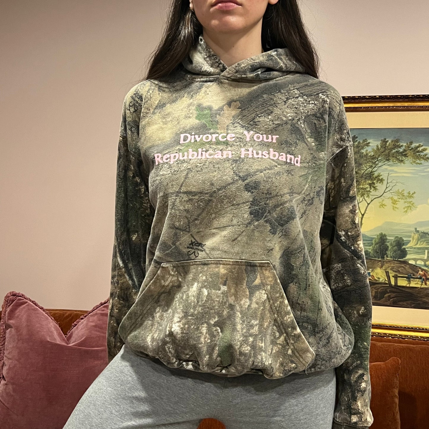 DIVORCE YOUR REPUBLICAN HUSBAND camo hoodie with pink text (L)