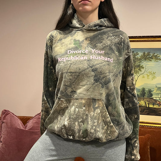 DIVORCE YOUR REPUBLICAN HUSBAND camo hoodie with pink text (L)