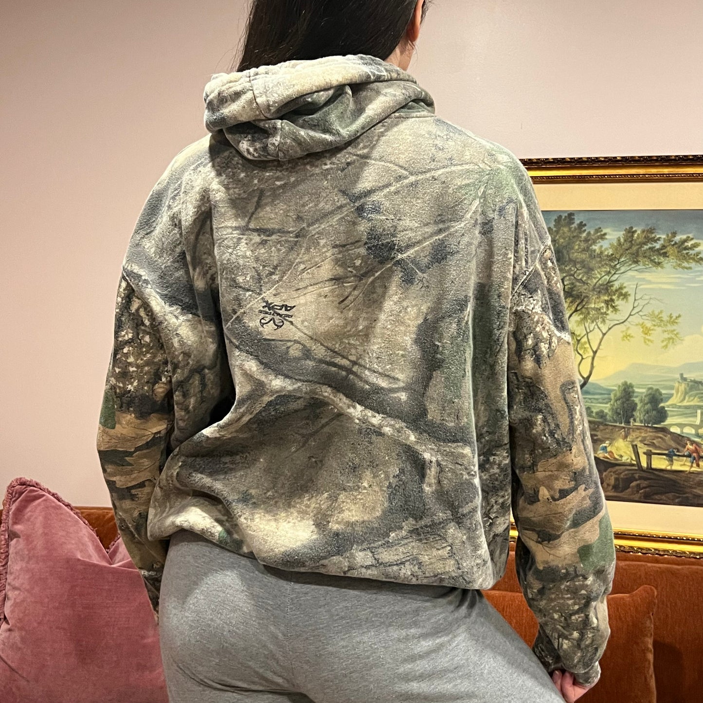 DIVORCE YOUR REPUBLICAN HUSBAND camo hoodie with pink text (L)