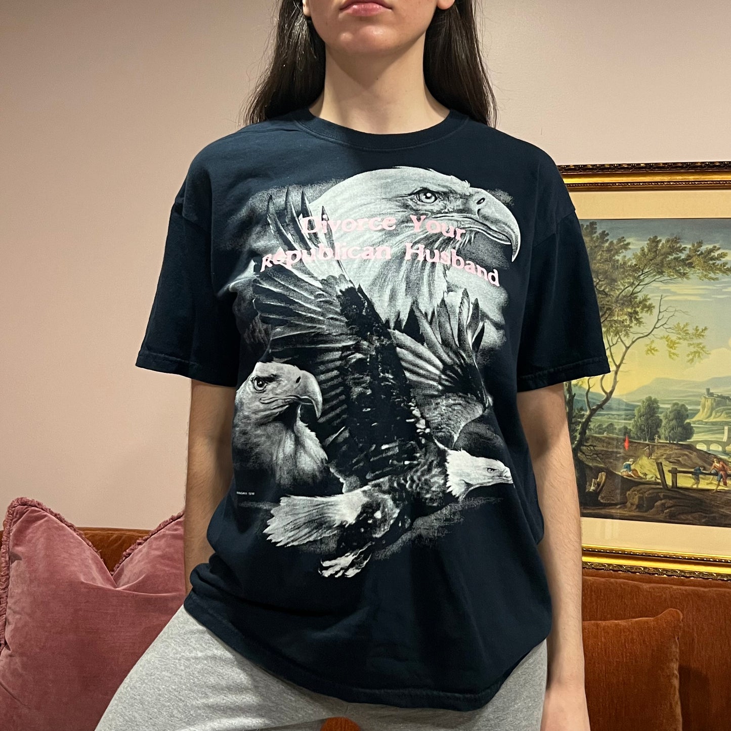 DIVORCE YOUR REPUBLICAN HUSBAND eagle t-shirt with pink text (L)