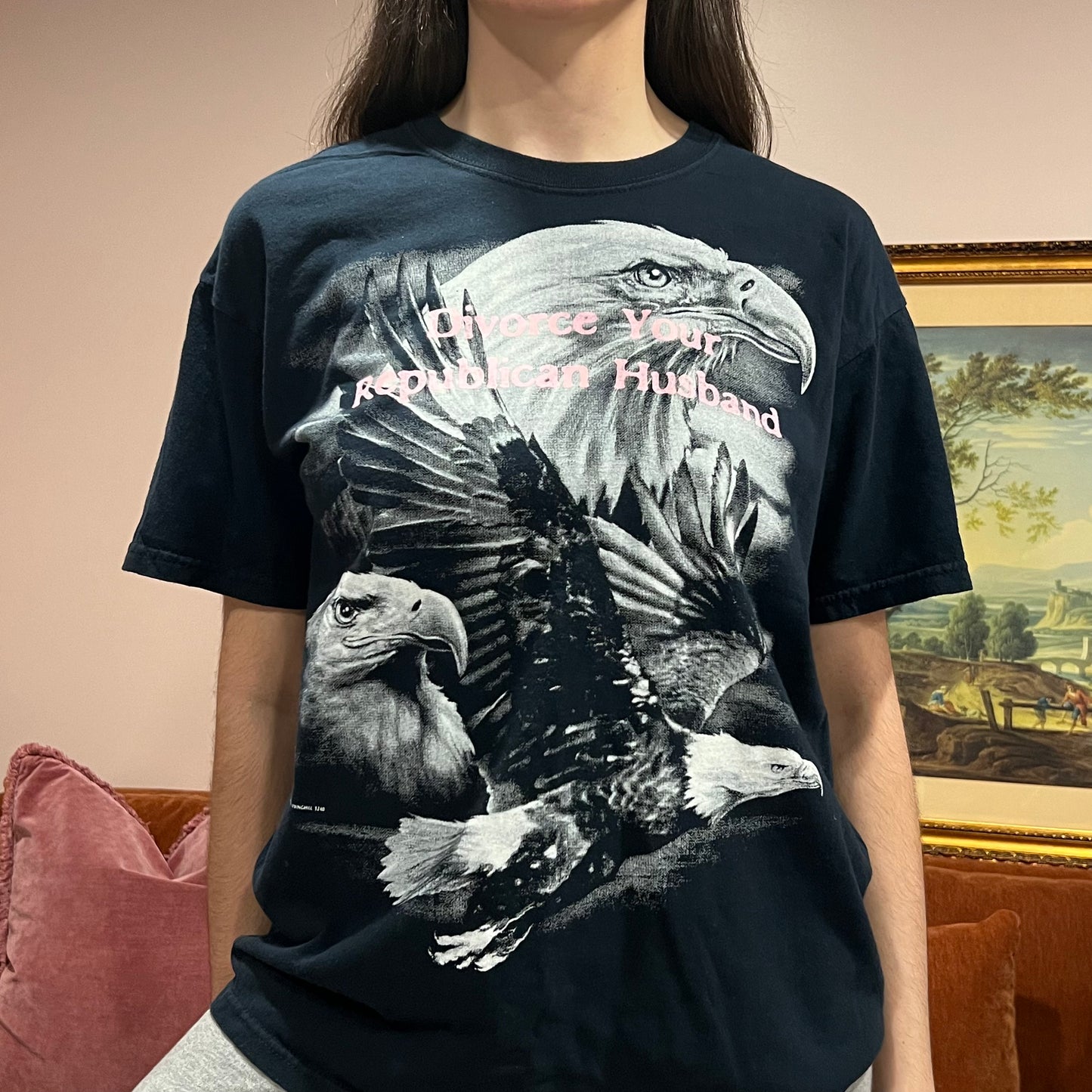 DIVORCE YOUR REPUBLICAN HUSBAND eagle t-shirt with pink text (L)