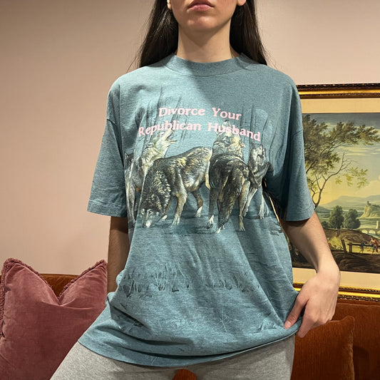 DIVORCE YOUR REPUBLICAN HUSBAND wolf t-shirt with pink text (XL)