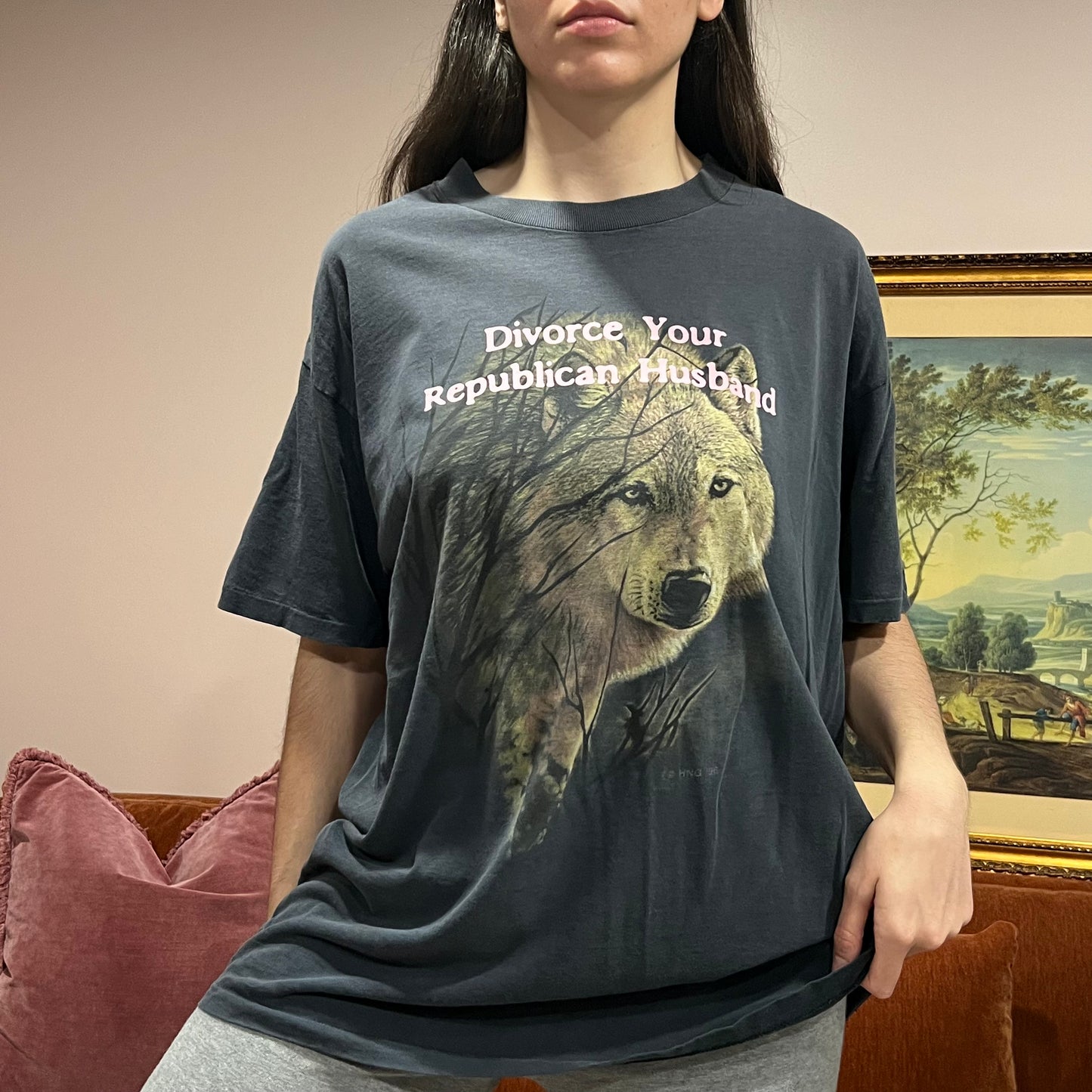 DIVORCE YOUR REPUBLICAN HUSBAND wolf t-shirt with pink text (XL)