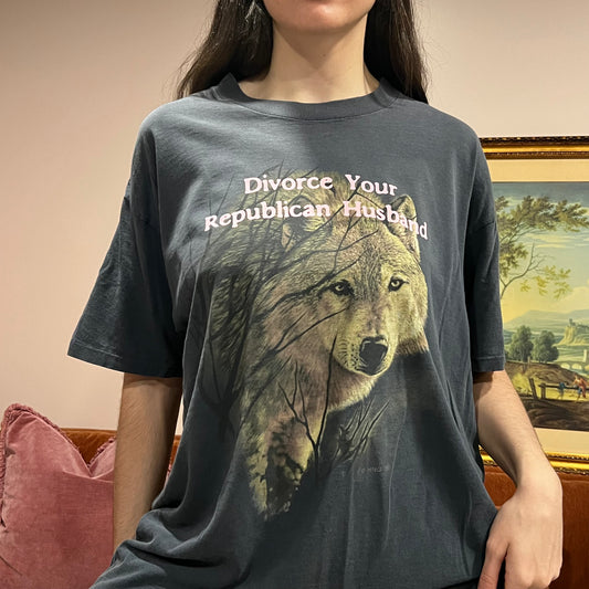 DIVORCE YOUR REPUBLICAN HUSBAND wolf t-shirt with pink text (XL)