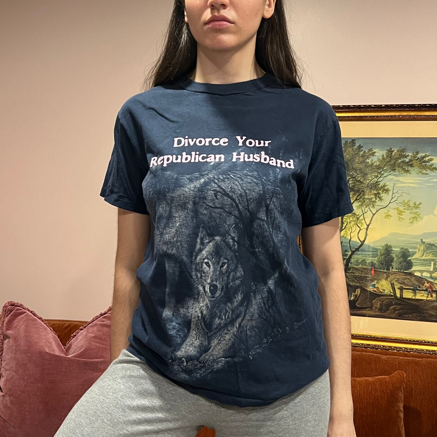 DIVORCE YOUR REPUBLICAN HUSBAND wolf t-shirt with pink text (M)