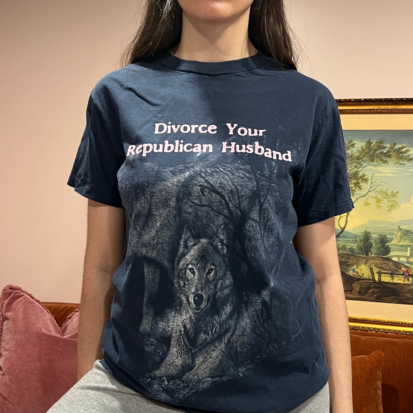 DIVORCE YOUR REPUBLICAN HUSBAND wolf t-shirt with pink text (M)