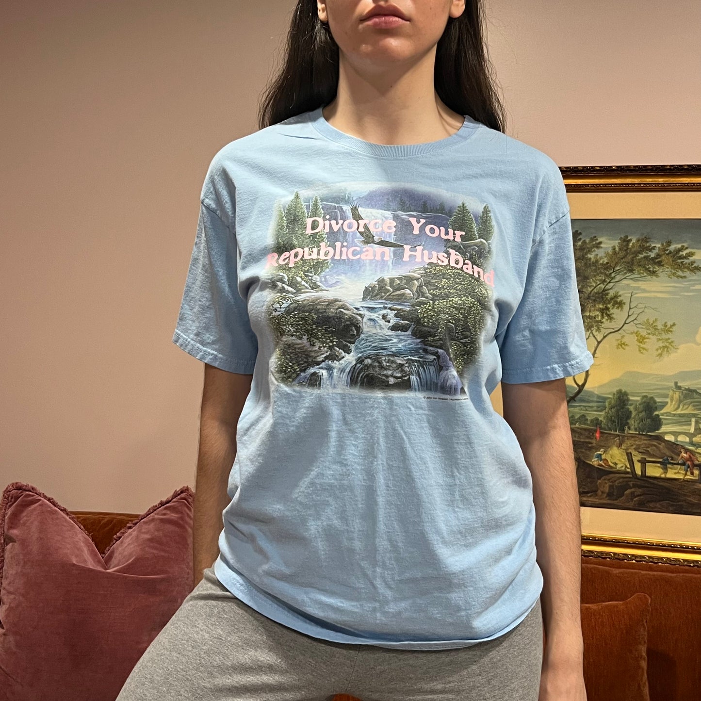 DIVORCE YOUR REPUBLICAN HUSBAND outdoor landscape t-shirt with pink text (M)